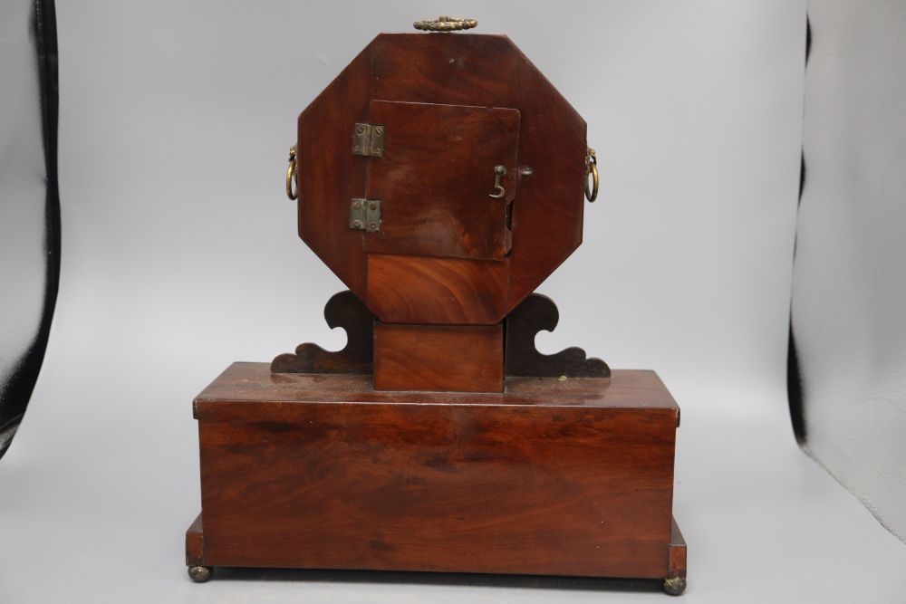 A Regency style mahogany mantel timepiece, with brass and mother of pearl inlay, height 38cm